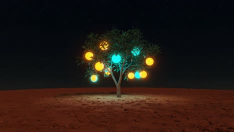 a fantastical illumination: a surreal tree adorned with bright orbs glows ethereally against the starry night sky, creating a dreamlike atmosphere in an otherworldly landscape