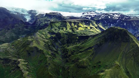 fimmvörðuháls trail and the nature around from far above with glacier in distance, iceland