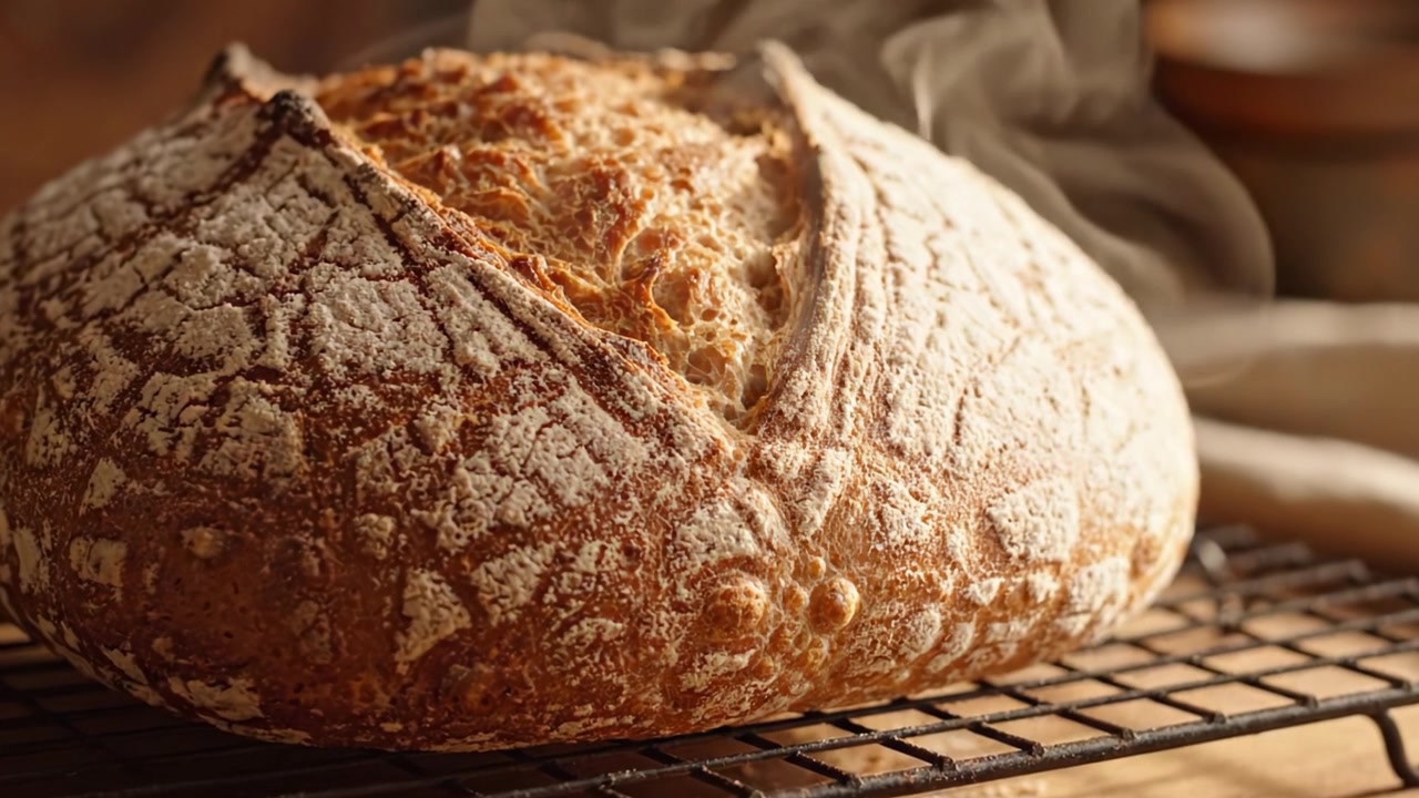 Freshly Baked Artisan Bread on Cooling Rack with Steam Rising, Capturing the Essence of Homemade Baking and Craftsmanship in a Rustic Kitchen Setting