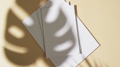 video of shadow of plant over books with blank white pages and copy space on yellow background