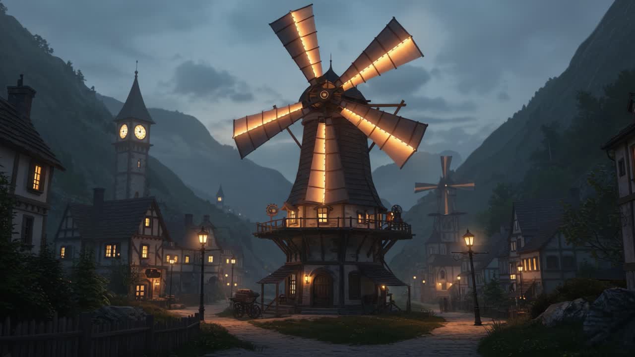 A Serene Evening in a Picturesque Village: Illuminated Windmill and Charmingly Rustic Architecture in a Tranquil Valley Surrounded by Majestic Mountains