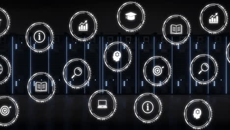 animation of network of digital icons over computer servers