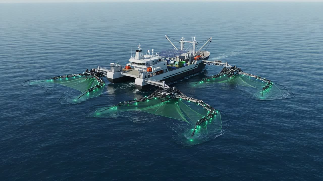 Innovative Fishing Vessel Utilizing Advanced Technology for Sustainable Ocean Harvesting with Automated Green Light Systems and Efficient Gear Deployment in Open Waters