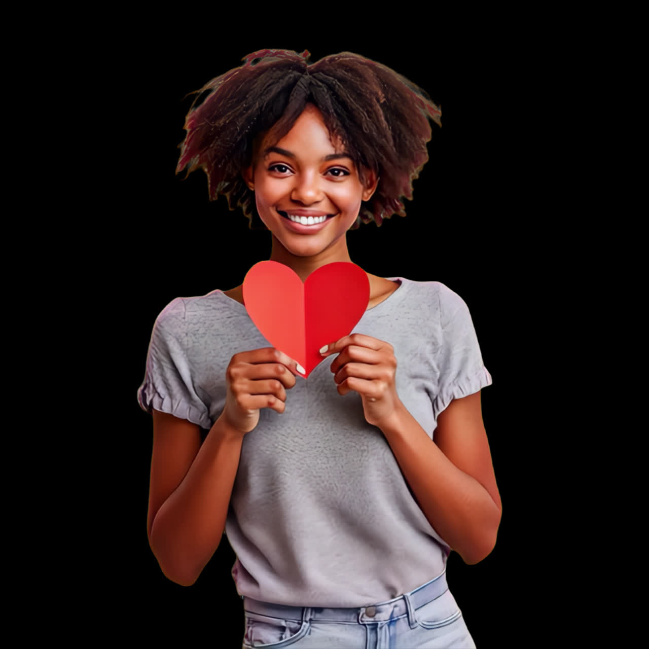 Joyful woman holding heart animation isolated asset, transparent 4K video, alpha channel, ProRes