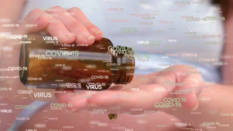 Animation-of-multiple-floating-Covid-19-words-over-Caucasian-woman-holding-box-of-pills