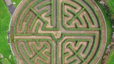 vista vertical aérea de alto ángulo de un laberinto de jardín hecho de arbustos cortados perfectos