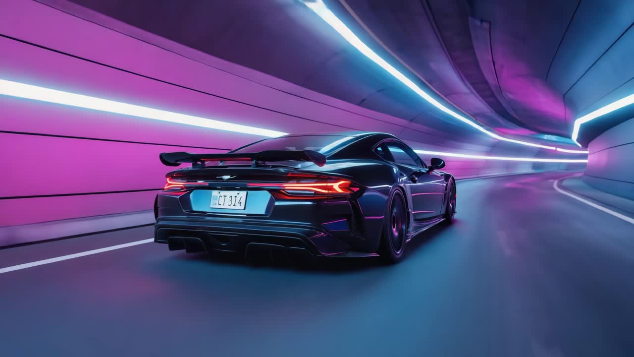 Sports Car in Neon Tunnel