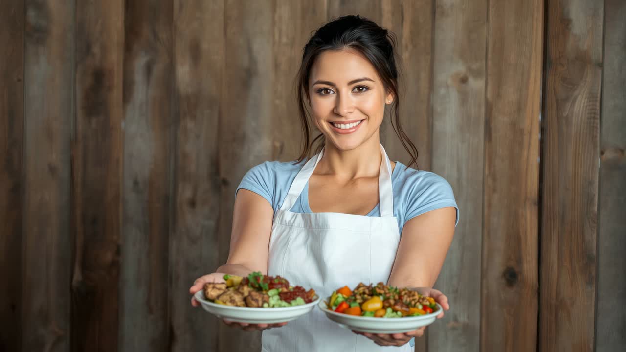 Camera rolling cook wearing white apron holding plates of meals against wooden wall, with herbs