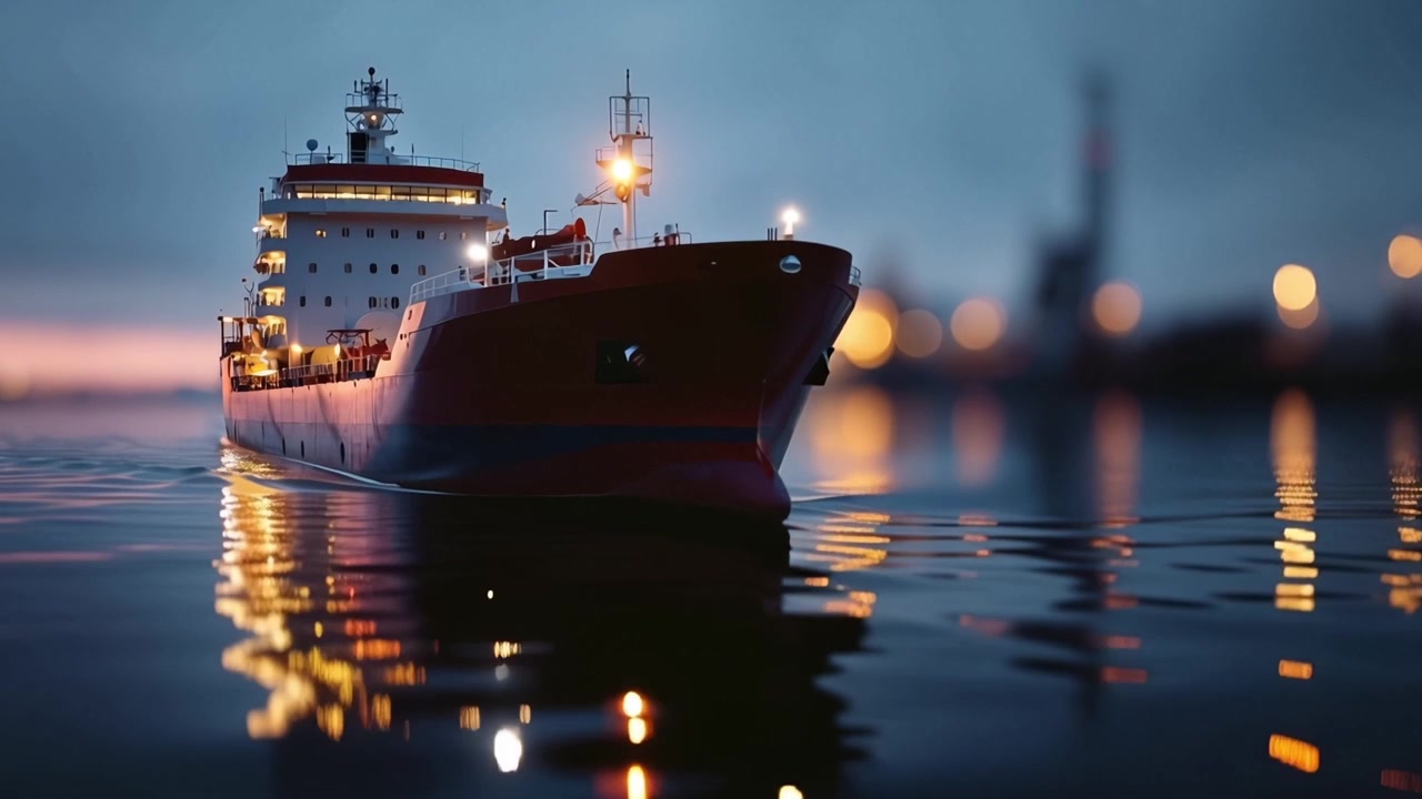 Un majestuoso barco navega aguas tranquilas bajo luces resplandecientes al atardecer, creando una escena marítima serena y pintoresca en ricos tonos de color y reflejos tranquilos
