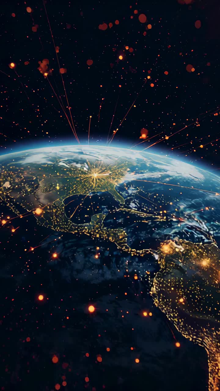 Vertical video: Showing night Earth over North America sending orange-red beams and glowing lights