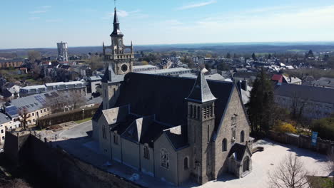 aerial view of a church in a european town