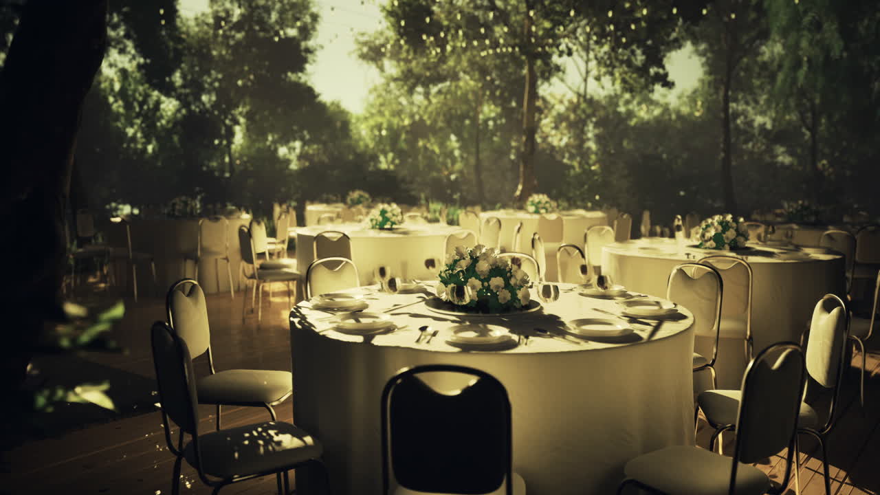 Elegant outdoor event setup in a lush garden with beautifully decorated tables