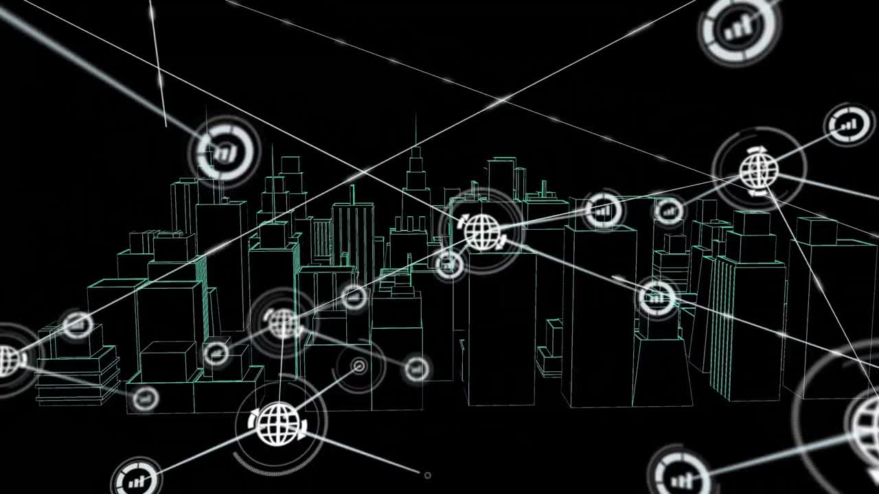Animation of network of connections with icons over 3d city drawing on black background