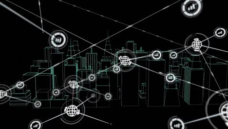 animation of network of connections with icons over 3d city drawing on black background