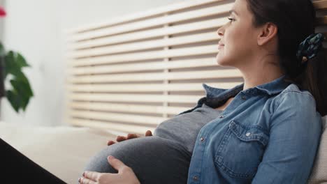 caucasian woman in advanced pregnancy relaxing in bed.