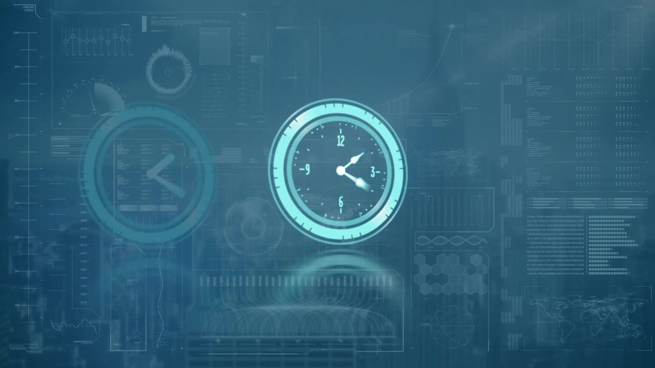 Animazione di un orologio in movimento e di un paesaggio urbano su elaborazione di dati.