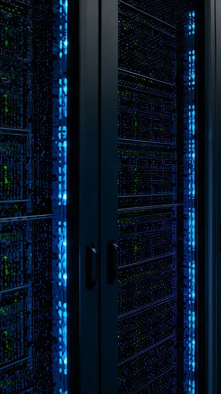 Vertical video: Panning camera on scan, moving past server rack with blue LEDs for status check