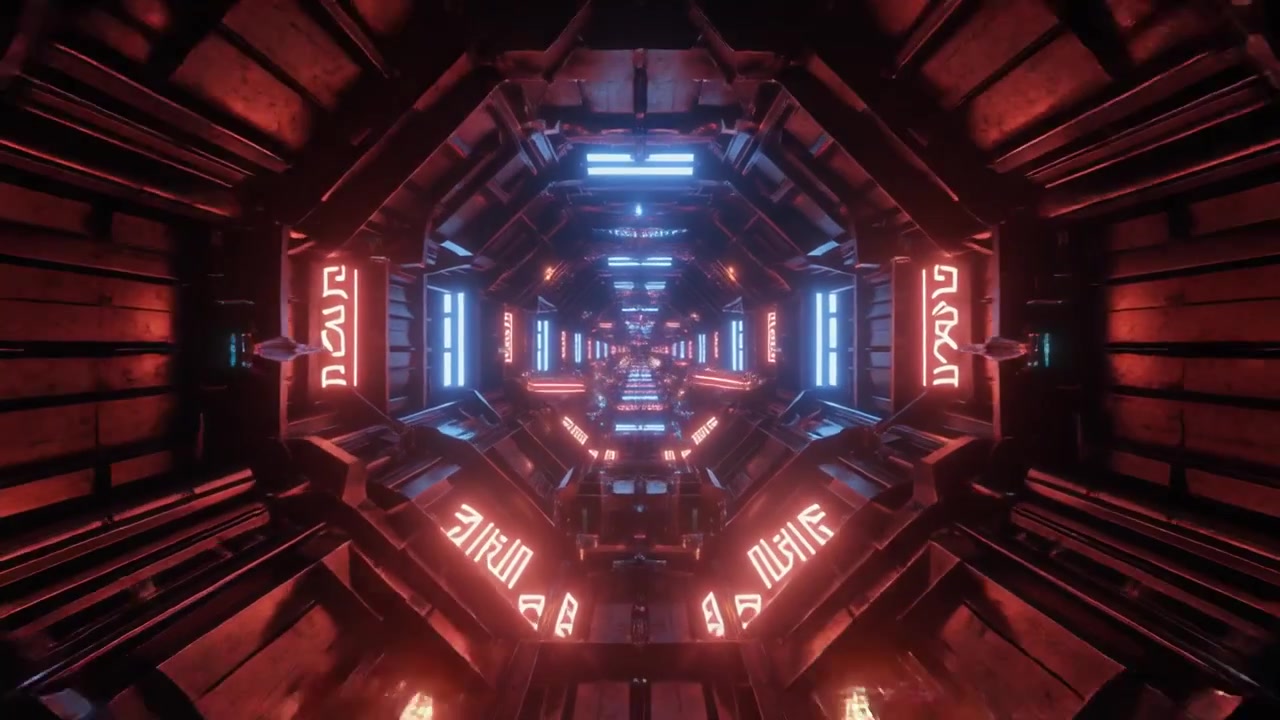 Corridoio fantascientifico futuristico con luci al neon incandescenti.