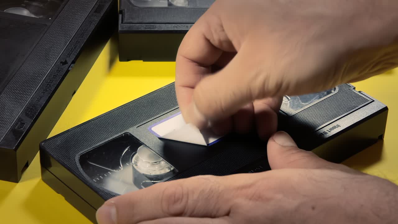 una mano aplica una etiqueta manuscrita a una cinta de vhs, con el texto años ochenta, en una toma de primer plano mágica, inversa, marcando recuerdos preciados en la era analógica
