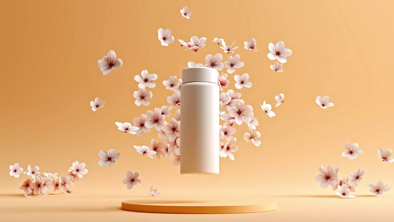 Elegant Cosmetic Product Display with Cherry Blossoms