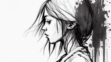 sketch animation of side profile of sad and depressed looking woman