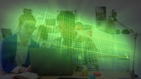 Animation of isoelectric line over diverse business people using laptop in office