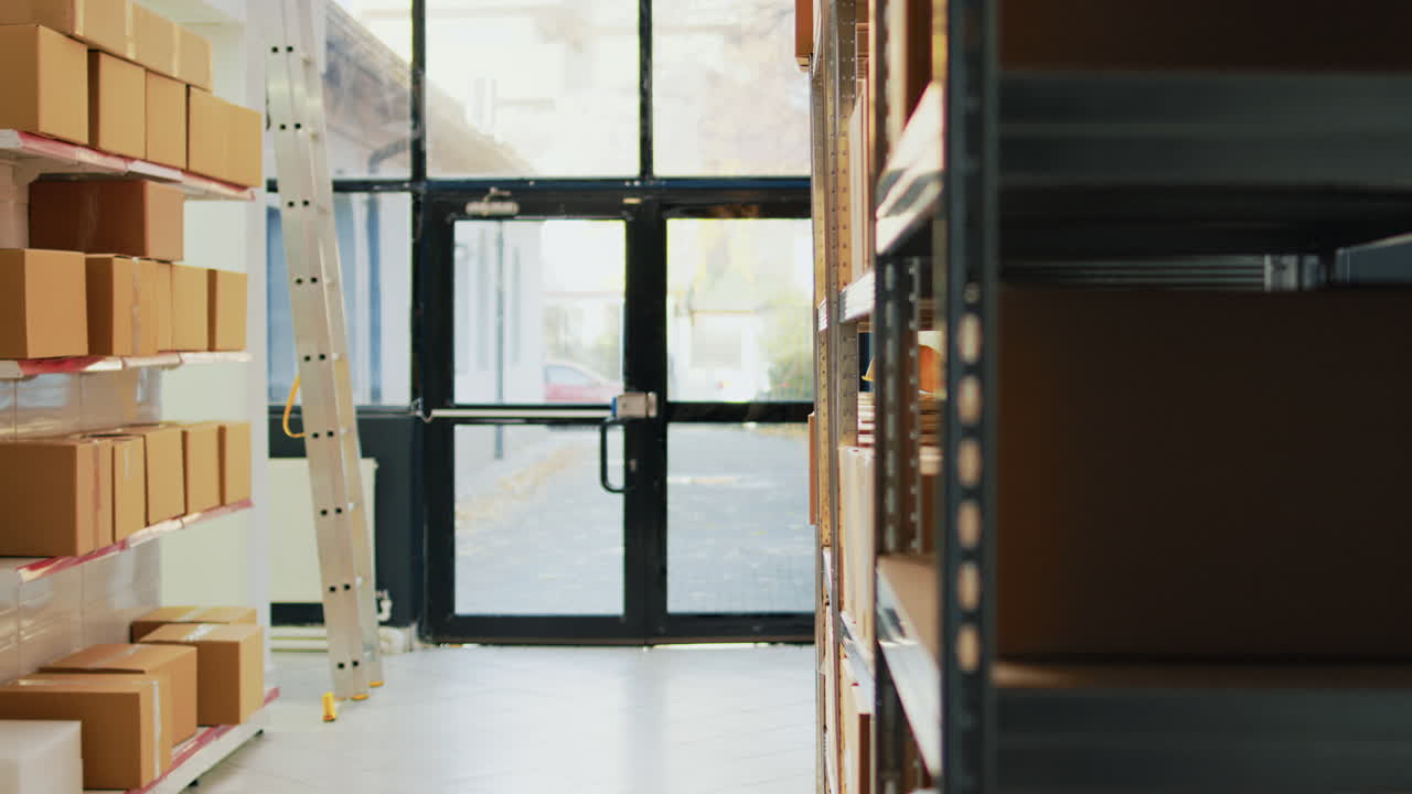 Warehouse with shelves full of boxes