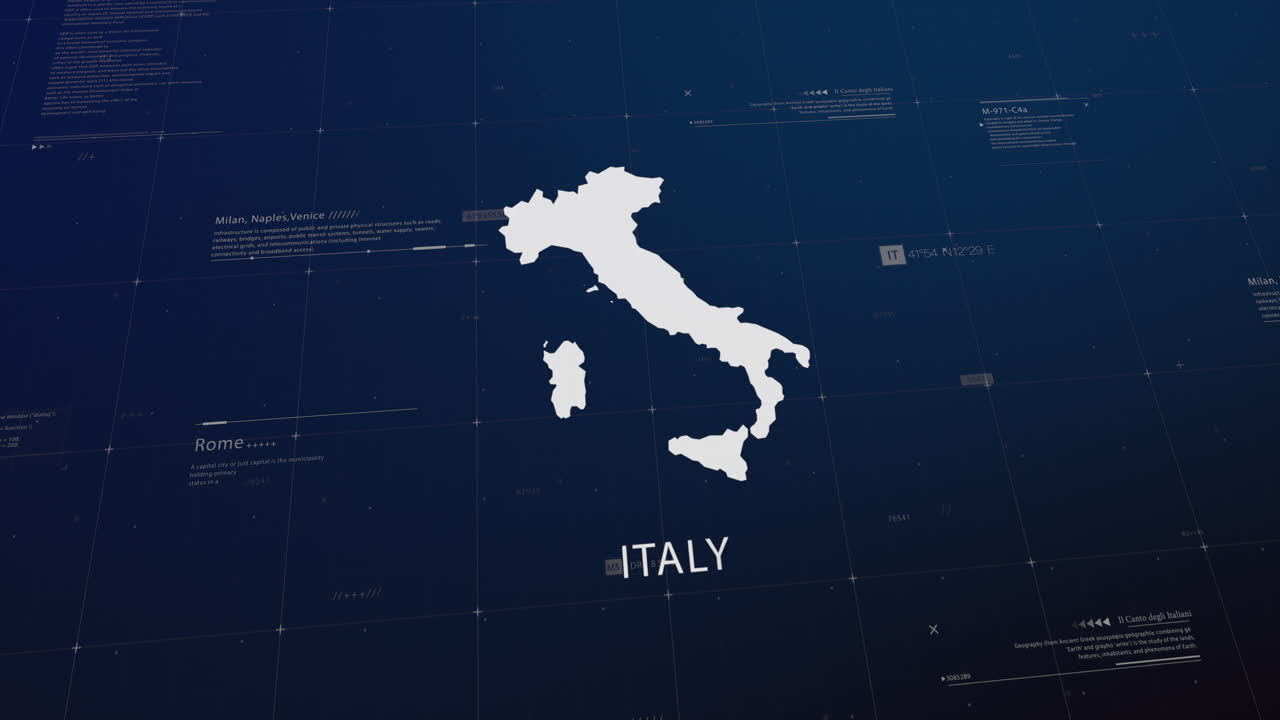 La mappa dell'Italia prende vita con una panoramica cinematografica, svelando dettagli chiave, la capitale e lo slogan, fornendo uno sfondo coinvolgente per uso aziendale e commerciale.