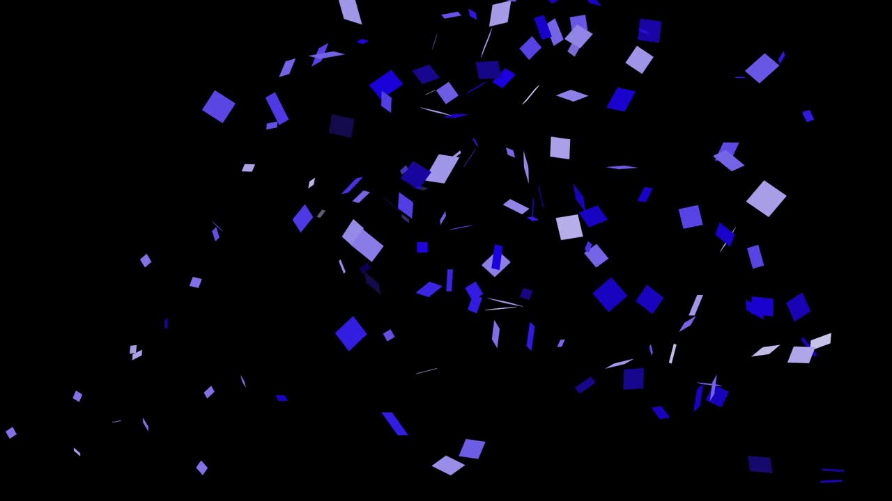 A burst of blue and white confetti explodes from the center and slowly falls. Isolated on a black background with alpha channel for easy overlay. Perfect for parties, celebrations, and events