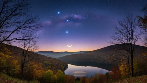 a serene autumn evening over a tranquil lake with a starry sky and gentle moonlight, highlighting the beauty of nature in the changing seasons