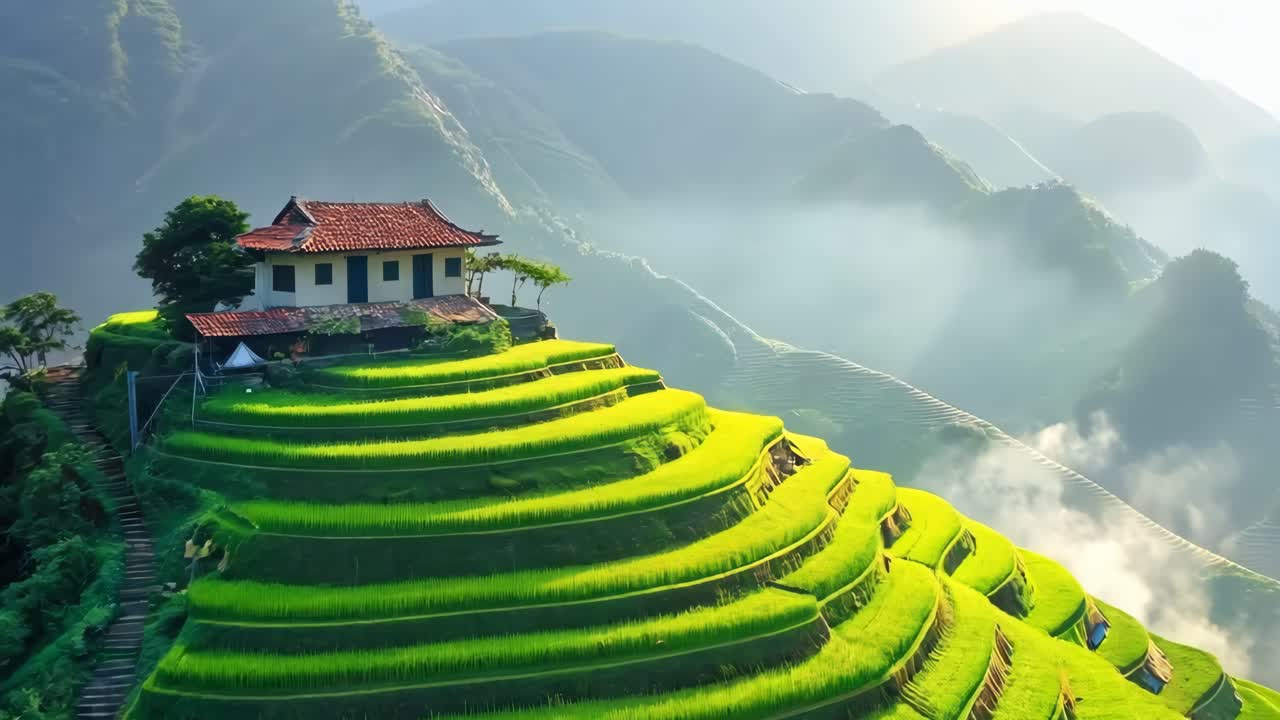 테라스로 인 초록색 언덕 꼭대기에 있는 집