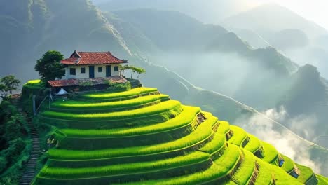 una casa en la parte superior de una ladera verde cubierta de terrazas de arroz
