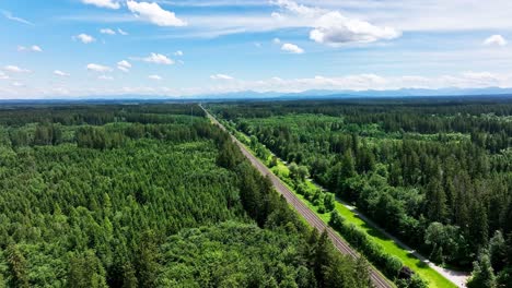 straight rails leading to the horizon behind a big green forest in mountain range, aerial footage in 4k, rising up slowly