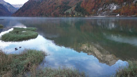 See-Mit-Enten-Und-Schwimmenden-Grasflächen-Im-Tal-Zwischen-Der-Alpinen-Bergregion