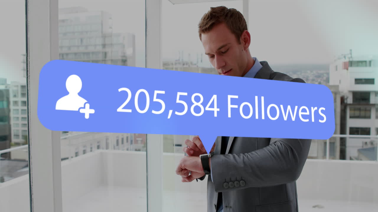 Speech bubble with followers text with increasing numbers against businessman using smartwatch