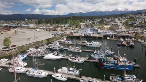 Aerial-View-of-Fishing-and-Pleasure-Boats-Docked-at-Port-Alberni-Harbor-Docks-in-Vancouver-Island,-British-Columbia-Canada