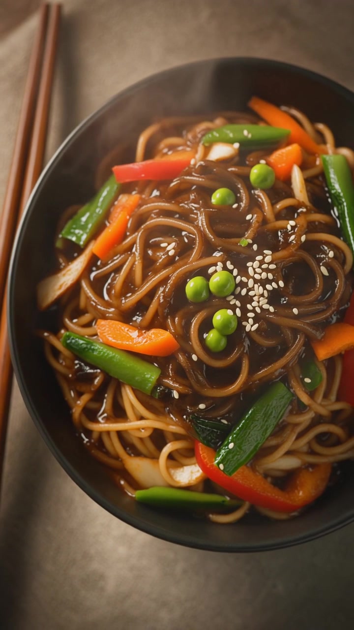 Ciotola fumante di noodles saltati in padella con verdure e semi di sesamo