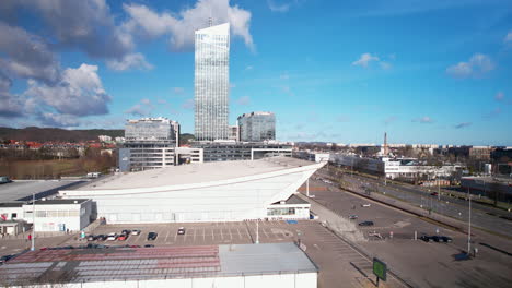 Olivia-Business-Center-Complex-buildings-in-Gdansk's-Business-District-of-Przymorze---Aerial-flyover