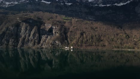 Aerial-view-of-hill-cliffs-during-summer-in-Walensee,-Switzerland