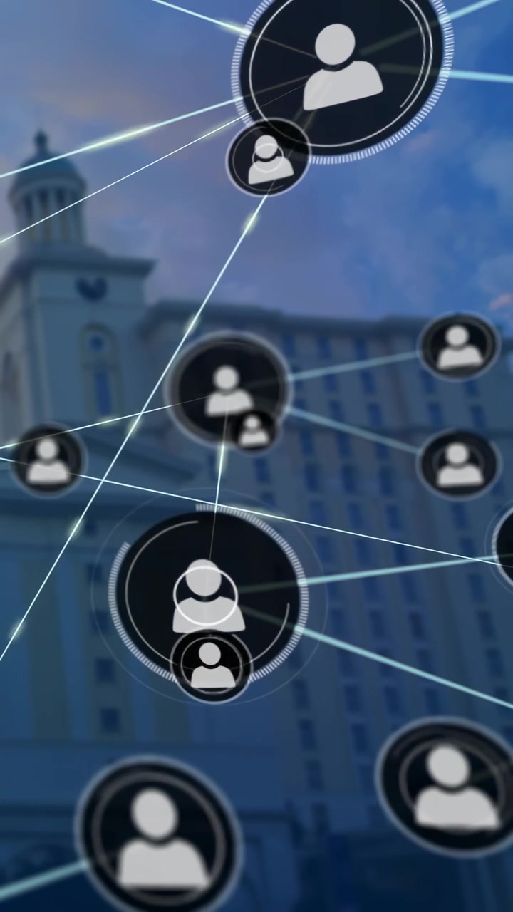 Vertikal video: Indledende node vises, brugernoder vokser over bygning, der viser teknologisk netværksvækst.