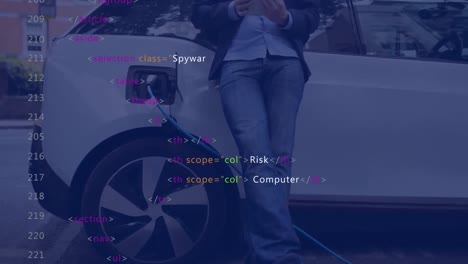 Animación-Del-Procesamiento-De-Datos-Sobre-Un-Hombre-Caucásico-Cargando-Un-Coche-Eléctrico