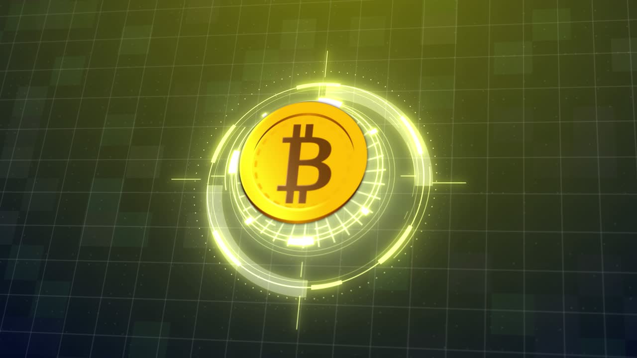 animación de bitcoin tecnología electrónica criptomoneda tecnología blockchain. moneda digital bitcoin, moneda de oro. red digital del ciberespacio, realidad virtual nft. hud, diseño fui. fondo futurista
