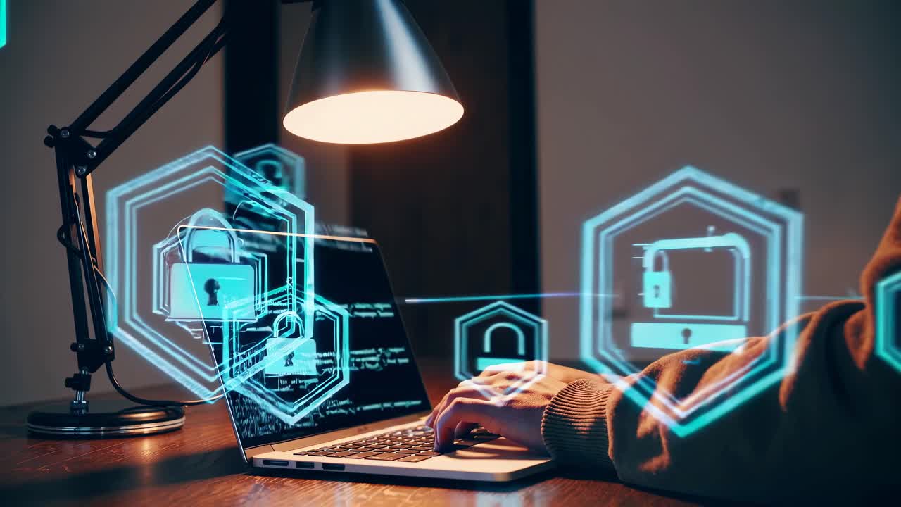 A video still of a side-angle view showing a person typing on a laptop, surrounded by digital