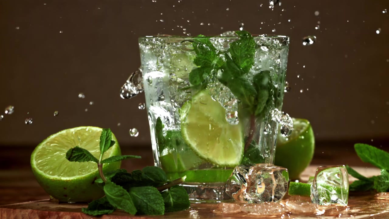 Hidastettu veden roiskuminen mojitoon limen ja mintun kanssa