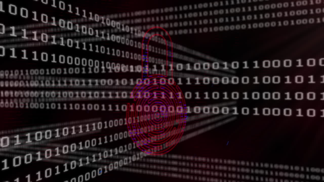 animazione di codice binario e lucchetto digitale su sfondo nero