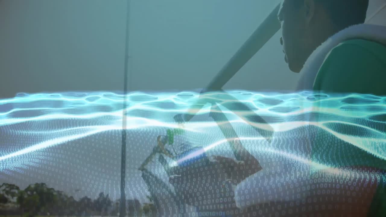 animación de ondas con codificación binaria sobre diversos jugadores de fútbol en el estadio