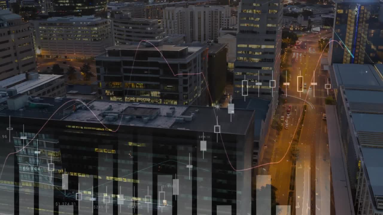 Animation of data processing with statistics over cityscape