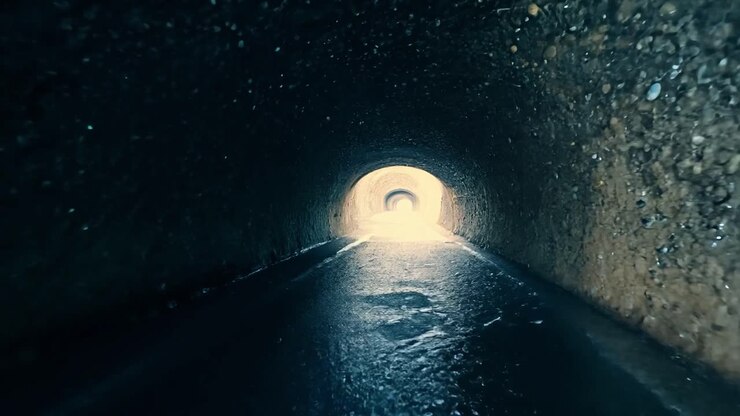 Light slowly fills a dark tunnel as water flows, creating a sense of hope and mystery within the underground passage