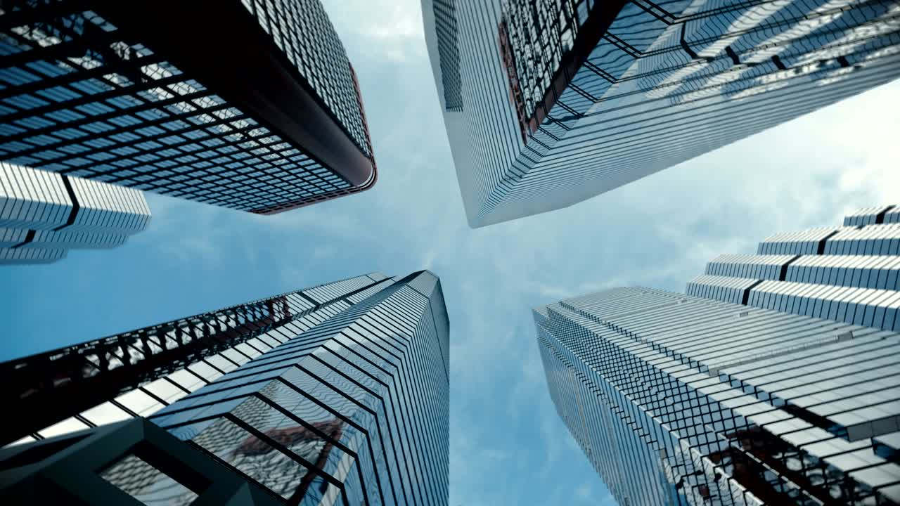 disparo de bajo ángulo desde el suelo al cielo de los rascacielos de la ciudad