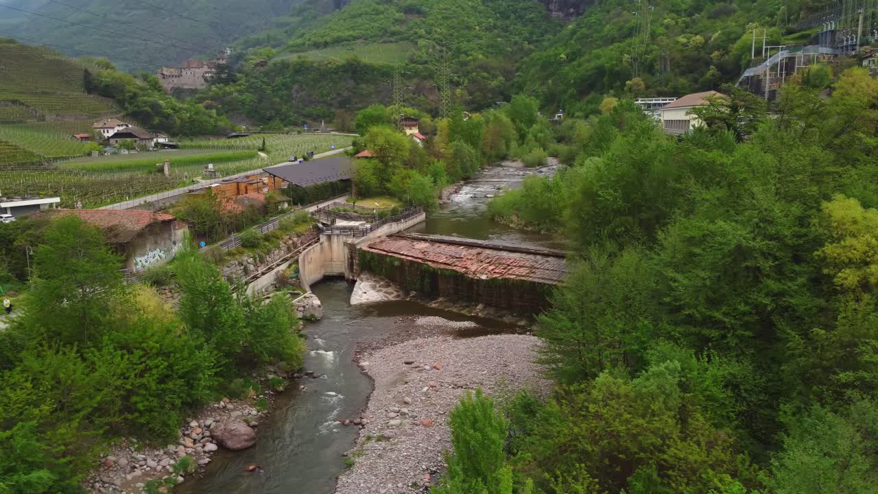 Blue Hour Aerial: River near Via Santa Maddalena di Sotto, Bolzano, Italy